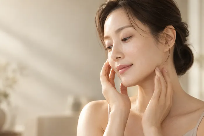 턱선에 손을 대고 있는 여성의 옆얼굴