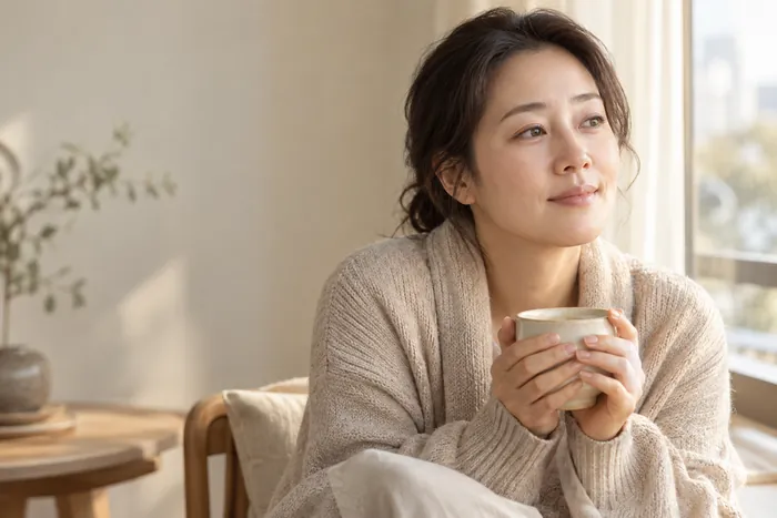 아침 창가에서 따뜻한 차를 들고 있는 여성